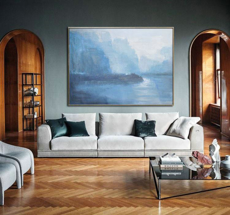 Extra Large Textured Painting On Canvas,Horizontal Abstract Landscape Oil Painting On Canvas,Large Canvas Wall Art For Sale,Purple Grey,Light Blue,White.etc